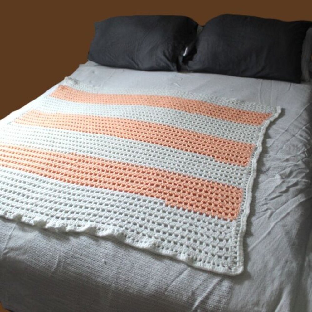 VINTAGE AFGHAN THROW homemade peach white stripe full twin size crocheted